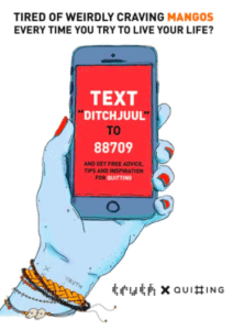 A photo to advertise the text line DITCHJUUL. A hand is holding up a cellphone with text saying to text DITCHJUUL to quit e-cigarettes