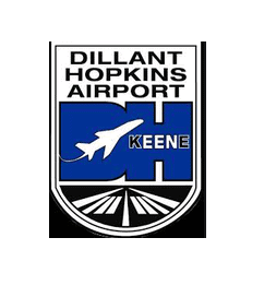 A logo in blue of an airplane that represents the Keene airport